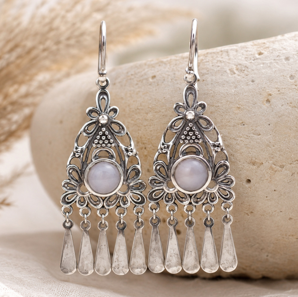 Sterling Silver Moonstone Chandelier Earrings Filigree Boho Festival Dangles 925
